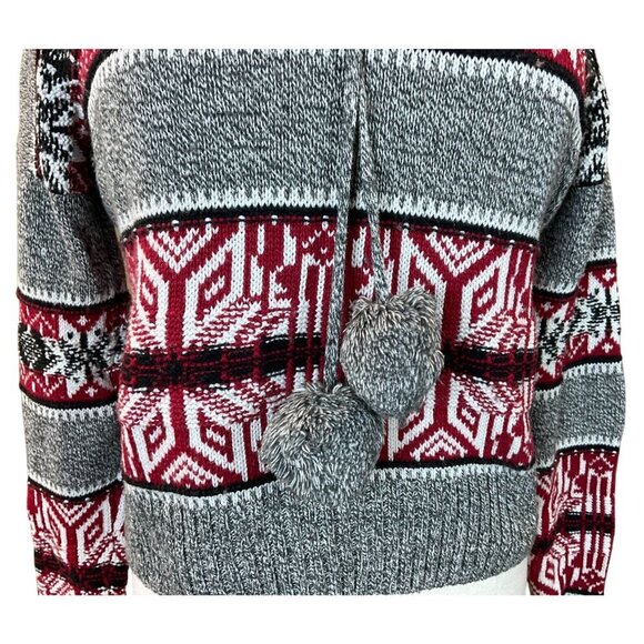 Yet Again LS Snowflake Cropped Sweater Pom Pom Tie Fleece Hood Jrs M Gray & Red - Picture 3 of 9